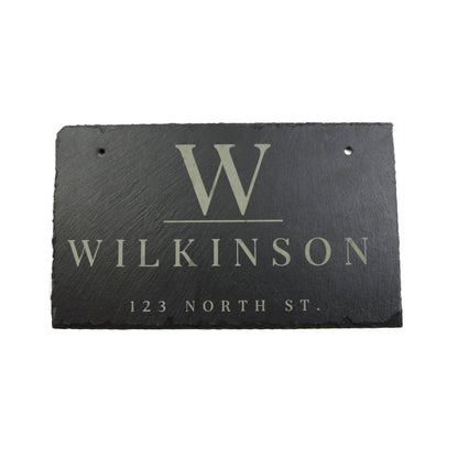 Personalized slate address sign with large W monogram and Wilkinson last name 123 North St on Tampa Home & Garden Store