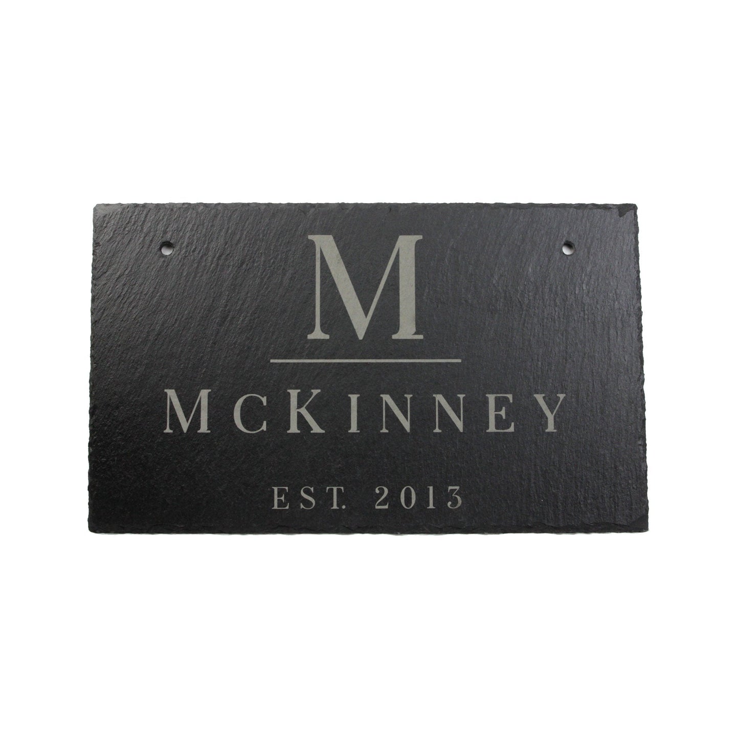 Personalized slate address sign with large M initial and MCKINNEY, EST 2013, hanging plaque on Tampa Home & Garden Store