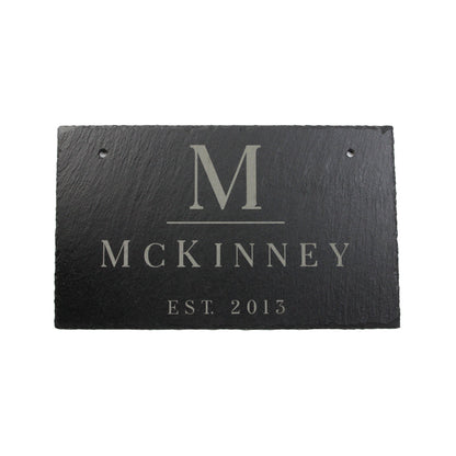 Personalized slate address sign with large M initial and MCKINNEY, EST 2013, hanging plaque on Tampa Home & Garden Store