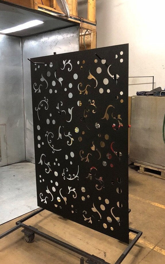 Outdoor privacy screen metal panel with floral scrollwork in black, Rustica Ornamentals on Tampa Home & Garden Store