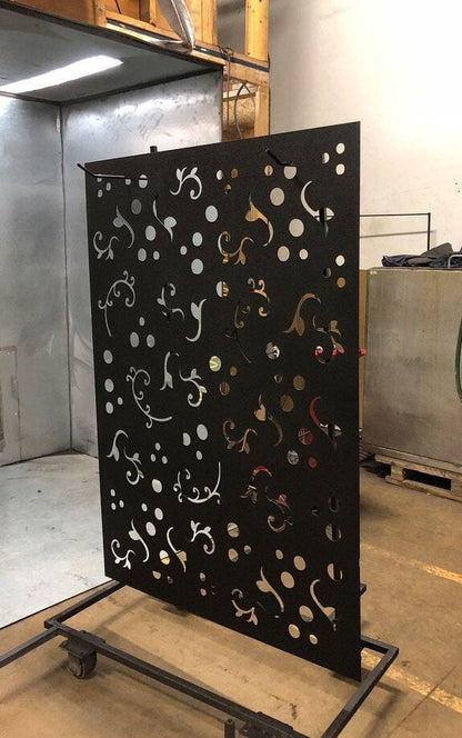 Outdoor privacy screen metal panel with floral scrollwork in black, Rustica Ornamentals on Tampa Home & Garden Store
