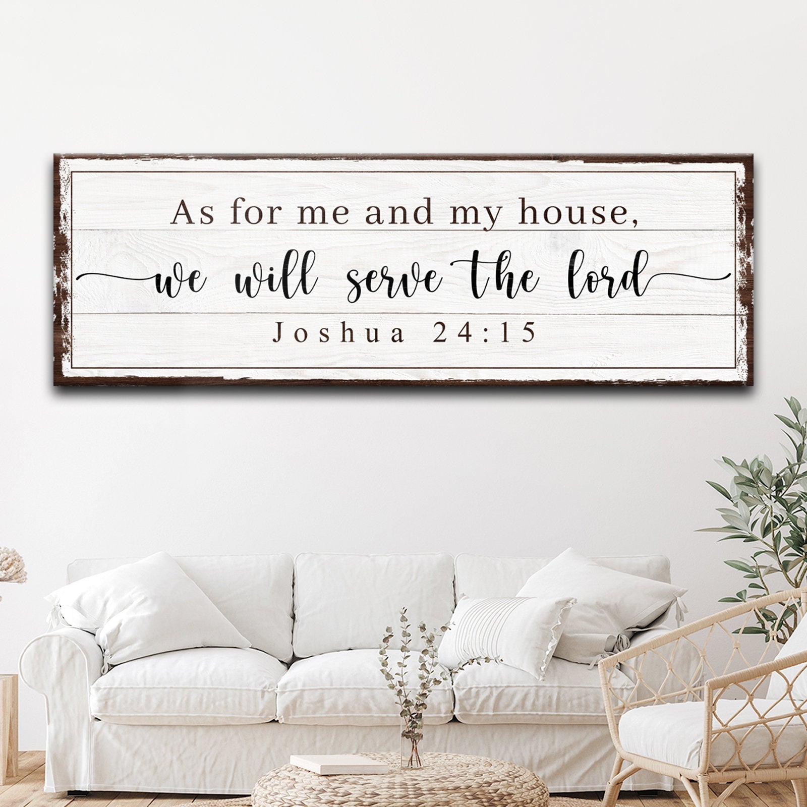 Sign whitewashed wood with brown frame; scripture about serving the Lord Crafting Canvas on Tampa Home & Garden Store