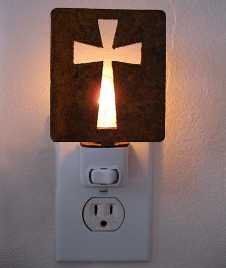 Cross Night Light by Rustica Ornamentals, metal square with glowing cross cutout plugged outlet on Tampa Home & Garden Store