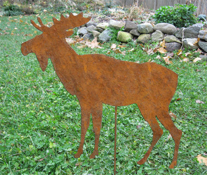 Metal moose lawn sculpture rust-brown finish by Rustica Ornamentals on Tampa Home & Garden Store