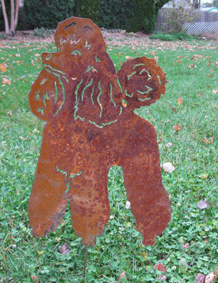 Metal poodle lawn sculpture with rust patina by Rustica Ornamentals on Tampa Home & Garden Store