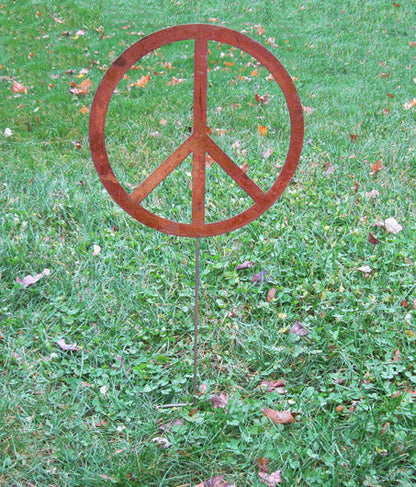 Outdoor peace sign garden stake by Rustica Ornamentals in rusted metal for lawn on Tampa Home & Garden Store