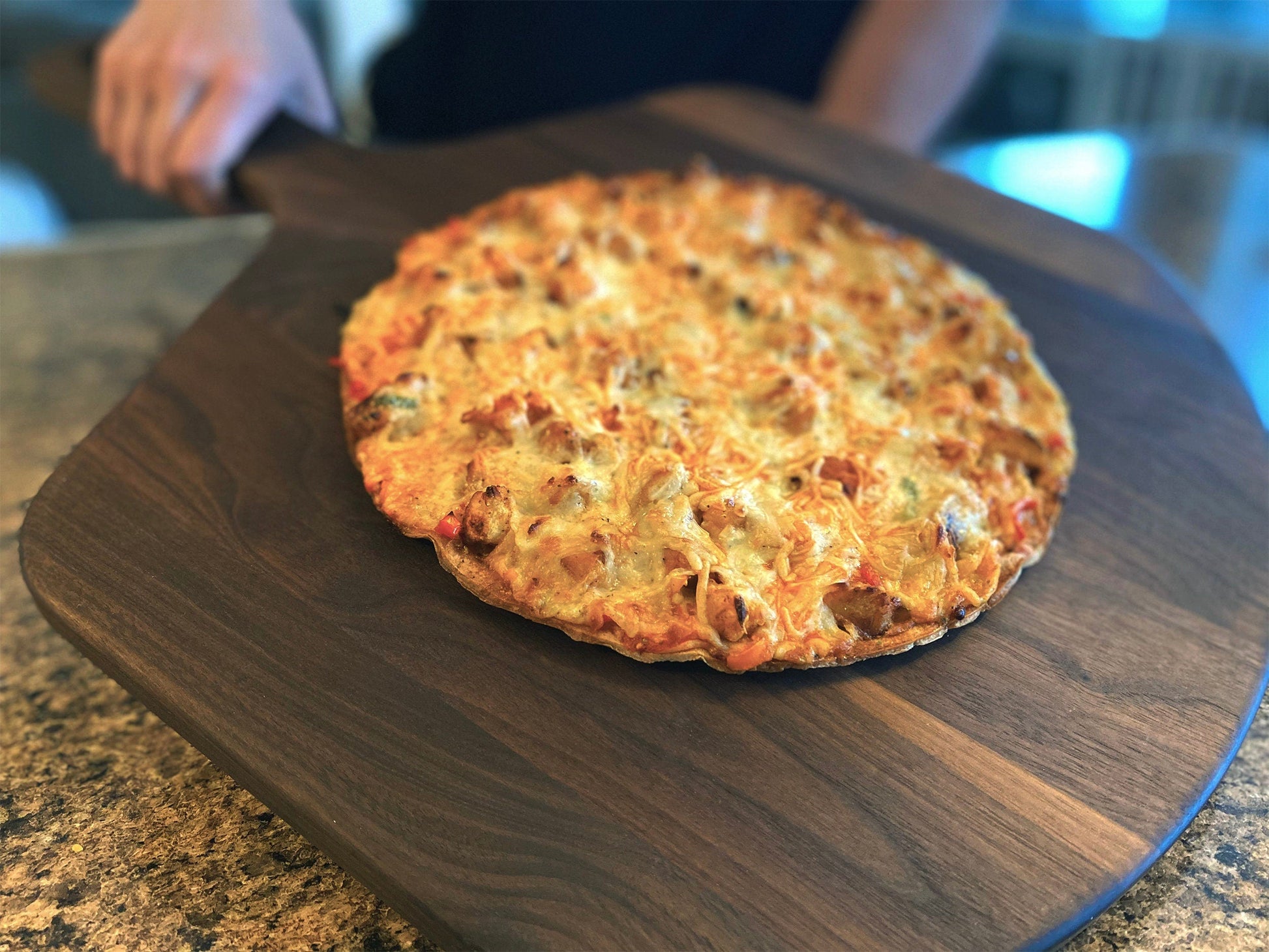 Pizza Peel large 22x16 walnut American hardwood with pizza on board on Tampa Home & Garden Store