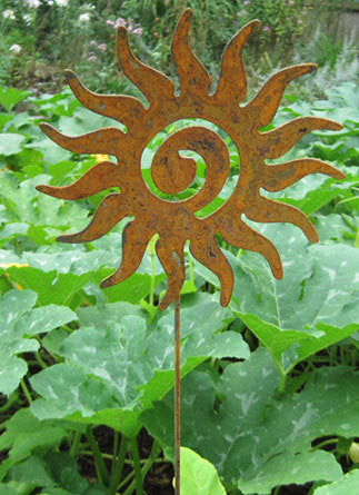 Sun metal art lawn ornament with rust finish and spiral center on stake by Rustica Ornamentals on Tampa Home & Garden Store