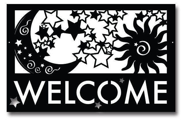 Moon, Sun, Stars Welcome Sign in black metal by Rustica Ornamentals on Tampa Home & Garden Store