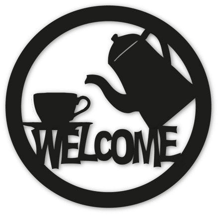 Coffee or Tea Welcome Sign circular black metal silhouette with teapot and cup Rustica Ornamentals on Tampa Home & Garden Store
