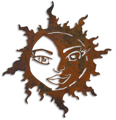 Sun Moon garden stake sun face ornament in rusted metal by Rustica Ornamentals on Tampa Home & Garden Store