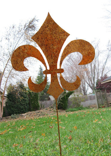 Fleur De Lis Garden Stake rusted metal yard decor by Rustica Ornamentals on Tampa Home & Garden Store