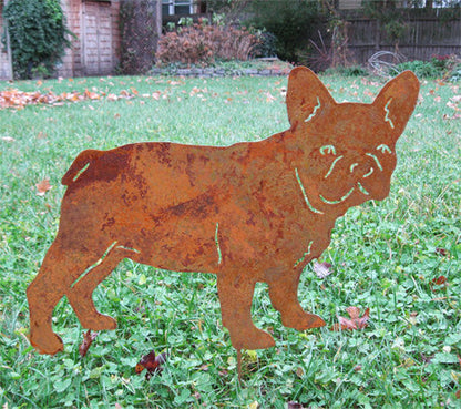 French Bulldog statue garden sculpture in rusted metal by Rustica Ornamentals on Tampa Home & Garden Store