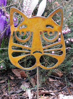 Cat head garden stake rust-orange metal by Rustica Ornamentals on Tampa Home & Garden Store