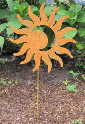 Sun Moon metal garden art sculpture in rust-orange finish on stake by Rustica Ornamentals on Tampa Home & Garden Store