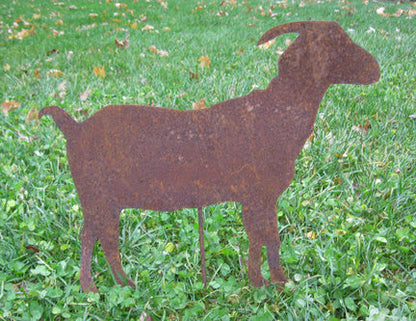 Metal goat yard art silhouette in rust color by Rustica Ornamentals for lawn ornaments on Tampa Home & Garden Store