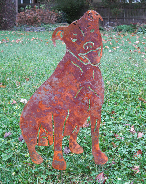 Pit Bull garden statue, rusted metal silhouette lawn ornament by Rustica Ornamentals on Tampa Home & Garden Store
