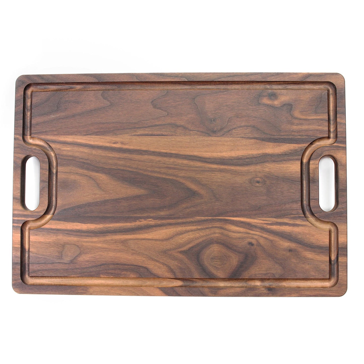 Cutting board by Refine Kitchenware in walnut wood with integrated oval handles on Tampa Home & Garden Store