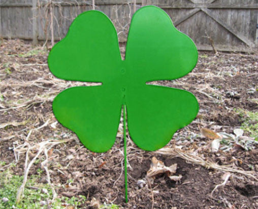 Shamrock yard stake in bright green metal with four-leaf clover design, Rustica Ornamentals on Tampa Home & Garden Store