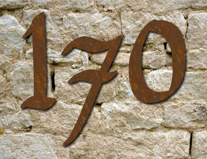 Rustic metal house numbers set of 3 Pennybridge font rust finish digits 1 7 0 on wall on Tampa Home & Garden Store