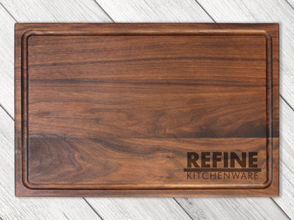 Wooden custom logo cutting board by Refine Kitchenware, engraved company logo, USA made on Tampa Home & Garden Store