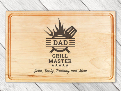 Gift For Dad Cutting Board with engraved grill master design on natural wood on Tampa Home & Garden Store