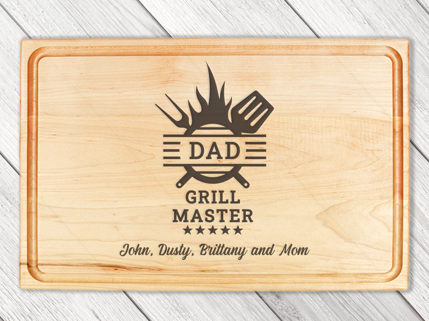 Cutting board with Dad Grill Master emblem, natural wood finish, Refine Kitchenware USA made on Tampa Home & Garden Store