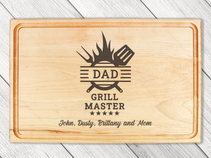 Cutting board with Dad Grill Master emblem, natural wood finish, Refine Kitchenware USA made on Tampa Home & Garden Store