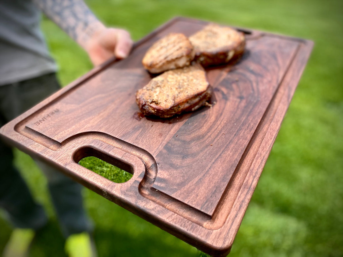 Large walnut cutting board with handles and juice groove (18x12), reversible serving tray on Tampa Home & Garden Store