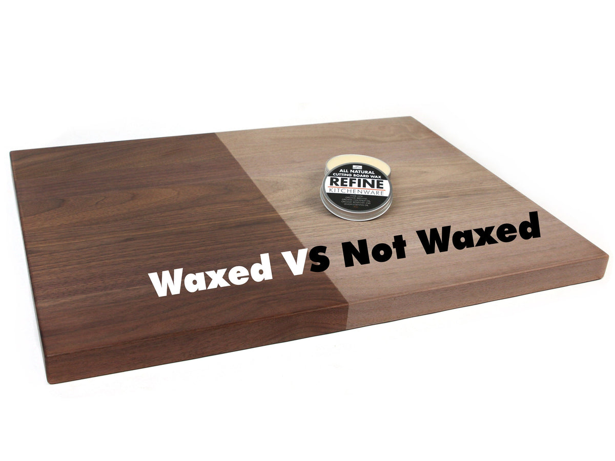 All Natural Cutting Board Wax tin by Refine Kitchenware on a two-tone wood board on Tampa Home & Garden Store