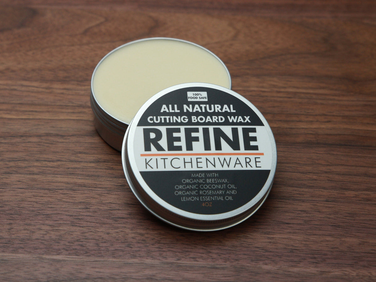 All Natural Cutting Board Wax tin by Refine Kitchenware with pale yellow wax on wood surface on Tampa Home & Garden Store
