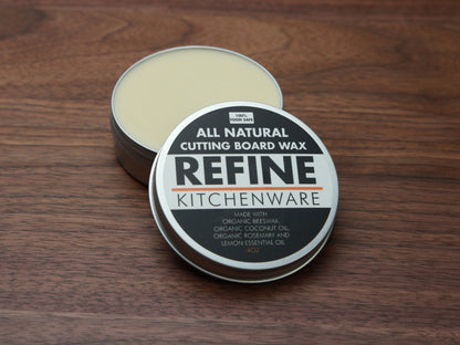 All Natural Cutting Board Wax tin by Refine Kitchenware with pale yellow wax on wood surface on Tampa Home & Garden Store