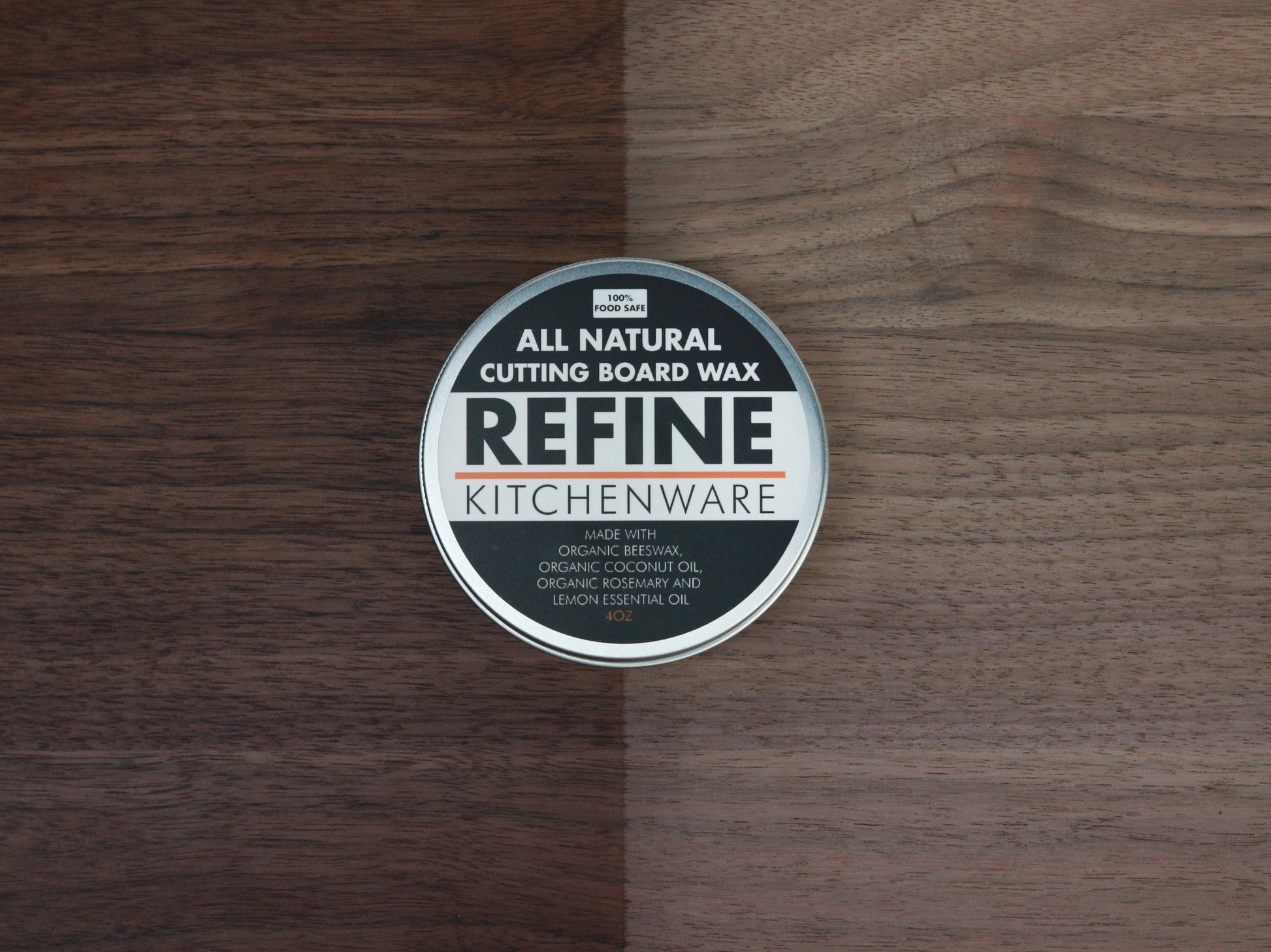 All natural cutting board wax tin by Refine Kitchenware on wood surface handmade in USA on Tampa Home & Garden Store