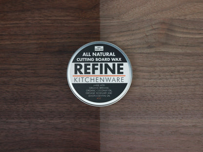 All natural cutting board wax tin by Refine Kitchenware on wood surface handmade in USA on Tampa Home & Garden Store