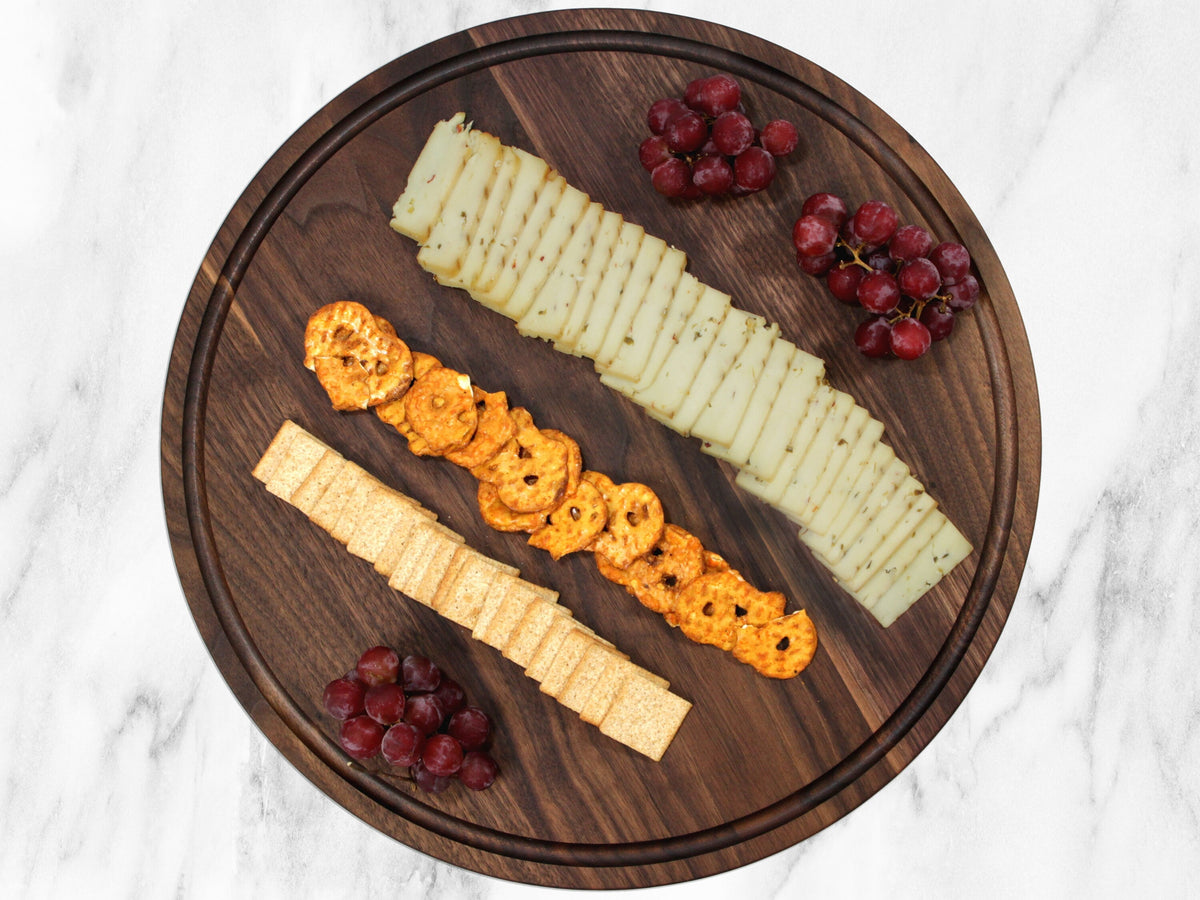 Large Walnut Round Cheese Board by Refine Kitchenware, 18 inch cutting board with juice groove on Tampa Home & Garden Store