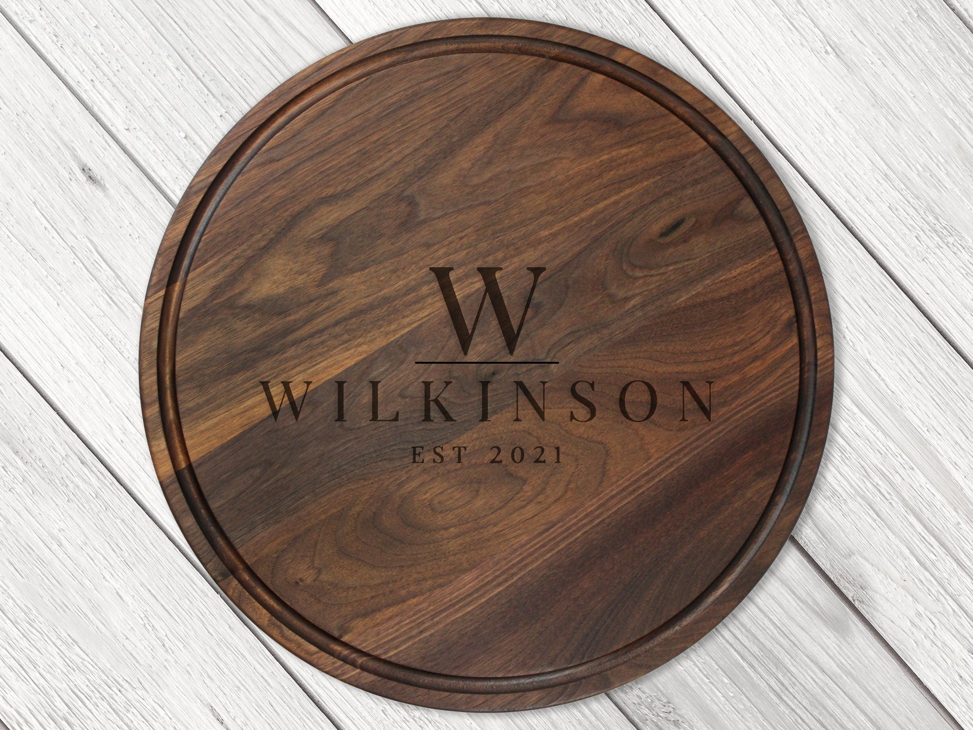18in walnut round cutting board with juice groove personalized Wilkinson EST 2021 on Tampa Home & Garden Store