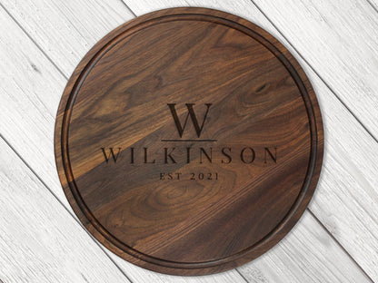 18in walnut round cutting board with juice groove personalized Wilkinson EST 2021 on Tampa Home & Garden Store