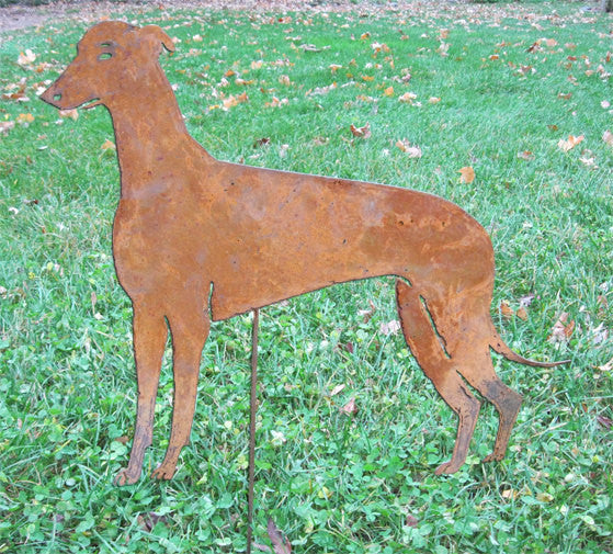 Greyhound statue lawn ornament rusted metal by Rustica Ornamentals on Tampa Home & Garden Store