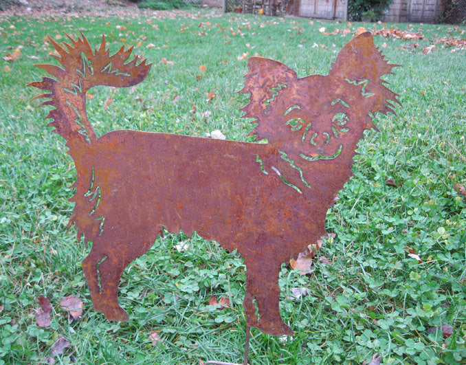 Long Haired Chihuahua garden stake in rusty metal finish, Rustica Ornamentals lawn ornament on Tampa Home & Garden Store