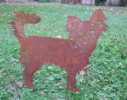Long Haired Chihuahua garden stake in rusty metal finish, Rustica Ornamentals lawn ornament on Tampa Home & Garden Store