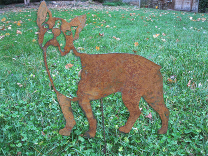 Boston Terrier memorial garden sculpture in rusted metal by Rustica Ornamentals on Tampa Home & Garden Store