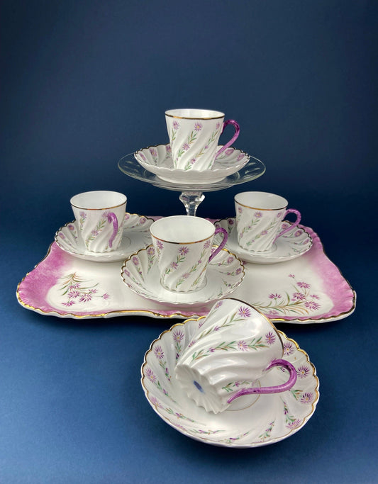 Antique Star Paragon Tea, Coffee, or Chocolate Set. Tray with Matching 5 Cups & Saucers. Delicate Fluting and Flowers. Dining Room Decor. - Tampa Home & Garden Store