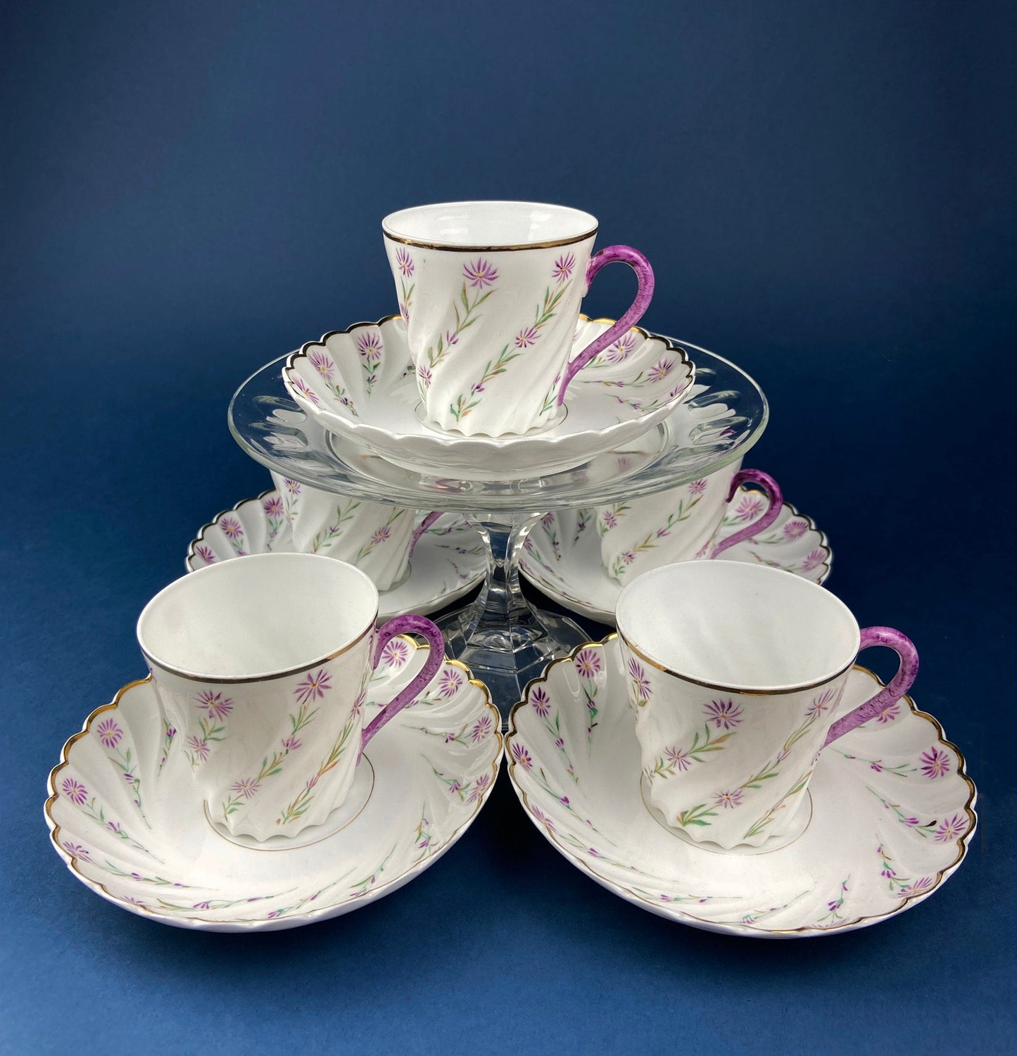 Antique Star Paragon Tea, Coffee, or Chocolate Set. Tray with Matching 5 Cups & Saucers. Delicate Fluting and Flowers. Dining Room Decor.