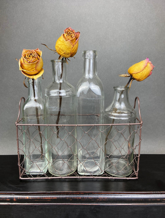 Vintage Glass Apothecary Bottles. Flower Vases in a Metal Basket.  Four Collectible Bottles For Shabby Chic Home, Cafe or Store Display. - Tampa Home & Garden Store