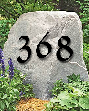 Pennybridge font house numbers black numerals 368 mounted on a rock Rustica Ornamentals on Tampa Home & Garden Store