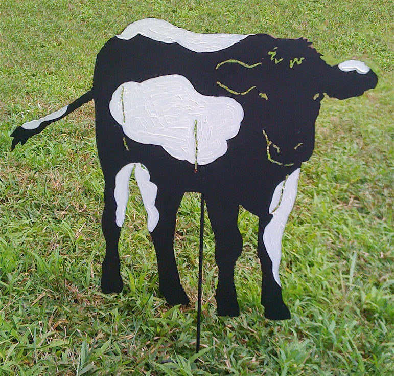 Cow garden stake wall hanging, black silhouette with white patches on metal stake on Tampa Home & Garden Store