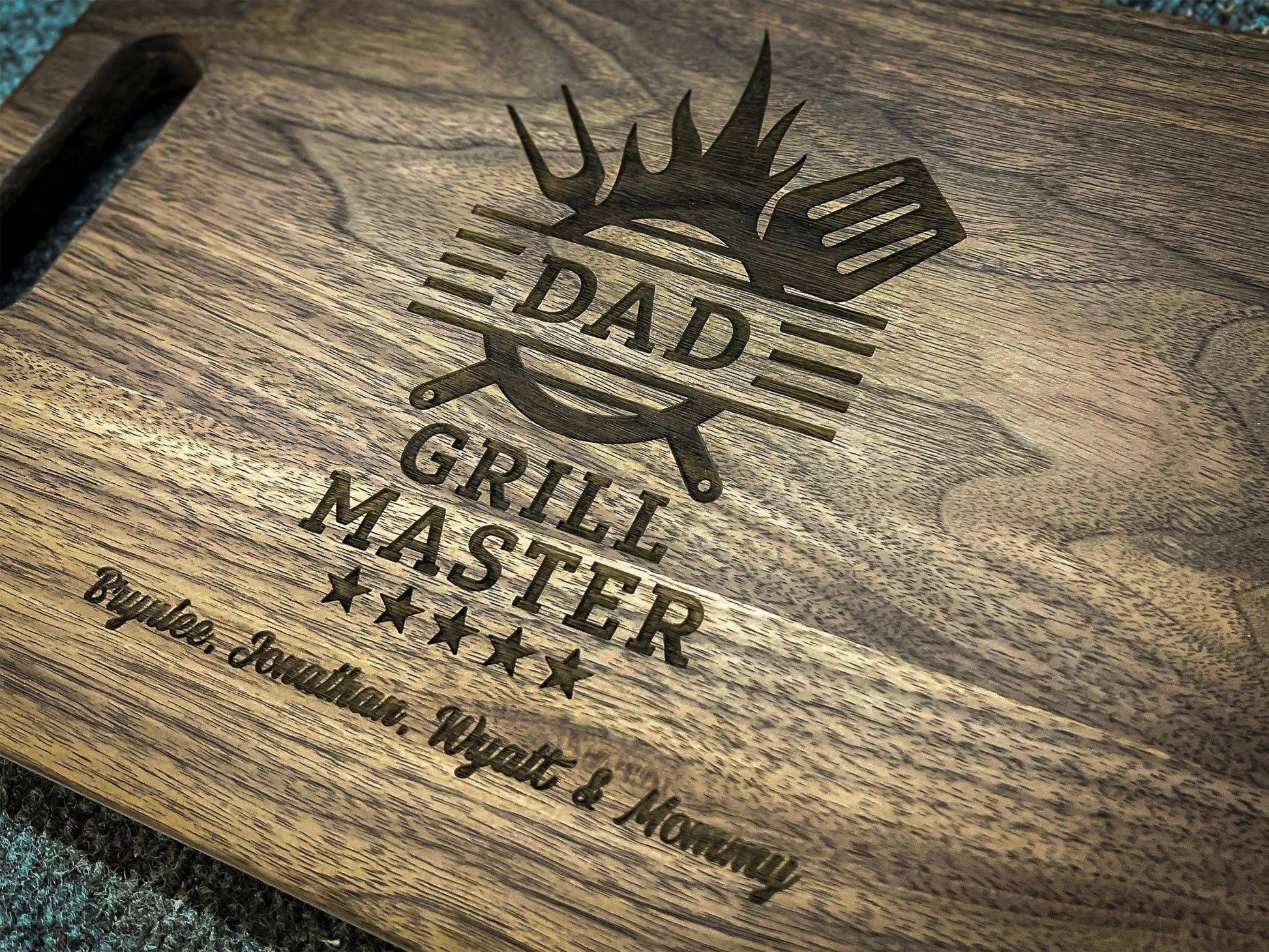 Cutting board engraved with gift for dad and grill spatula motif, Refine Kitchenware USA on Tampa Home & Garden Store