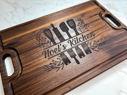Personalized Mother's Day cutting board in walnut with engraved design by Refine Kitchenware on Tampa Home & Garden Store