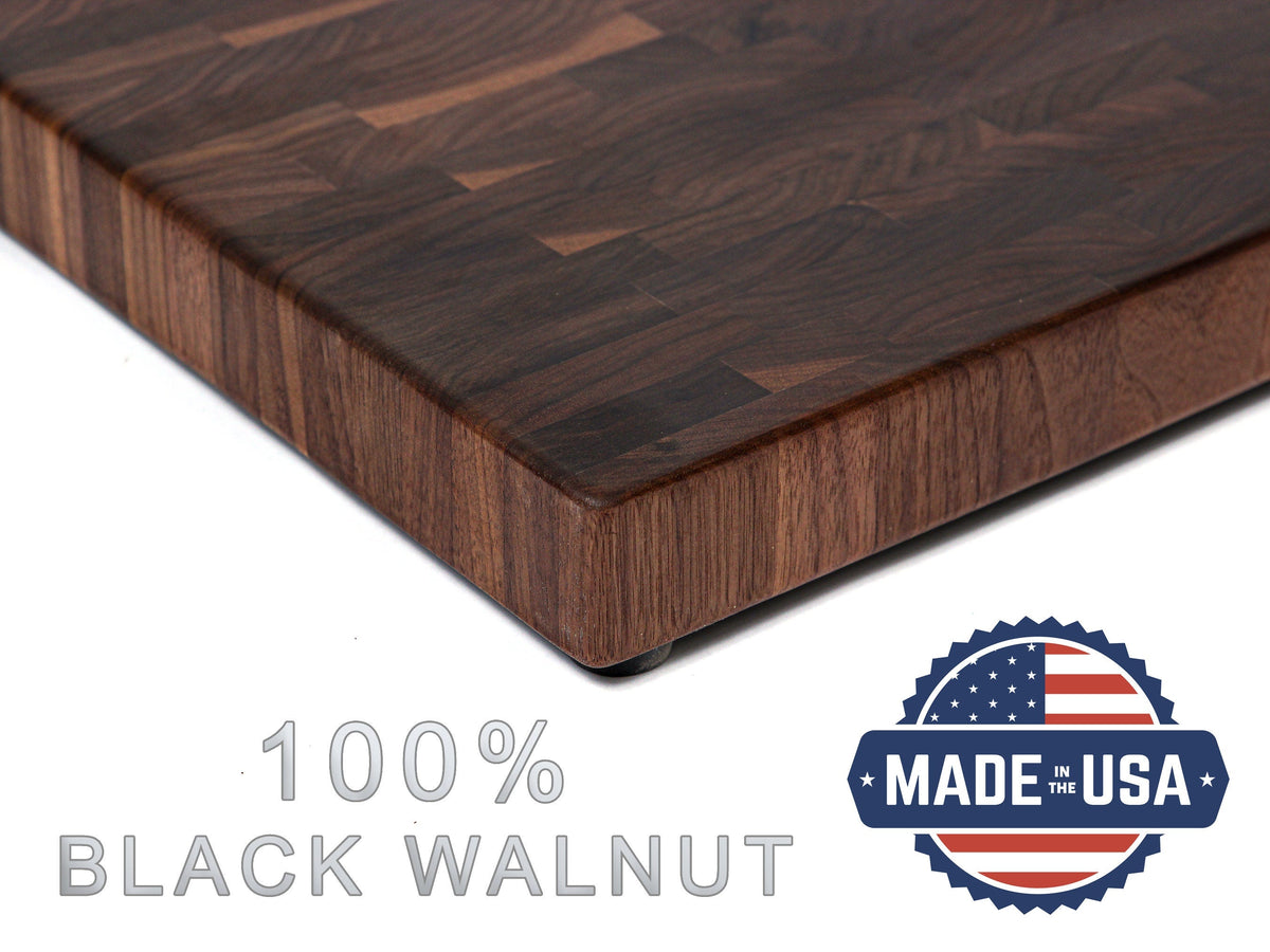 Walnut end grain cutting board with juice groove, thick 2in butcher block, rubber feet USA made on Tampa Home & Garden Store