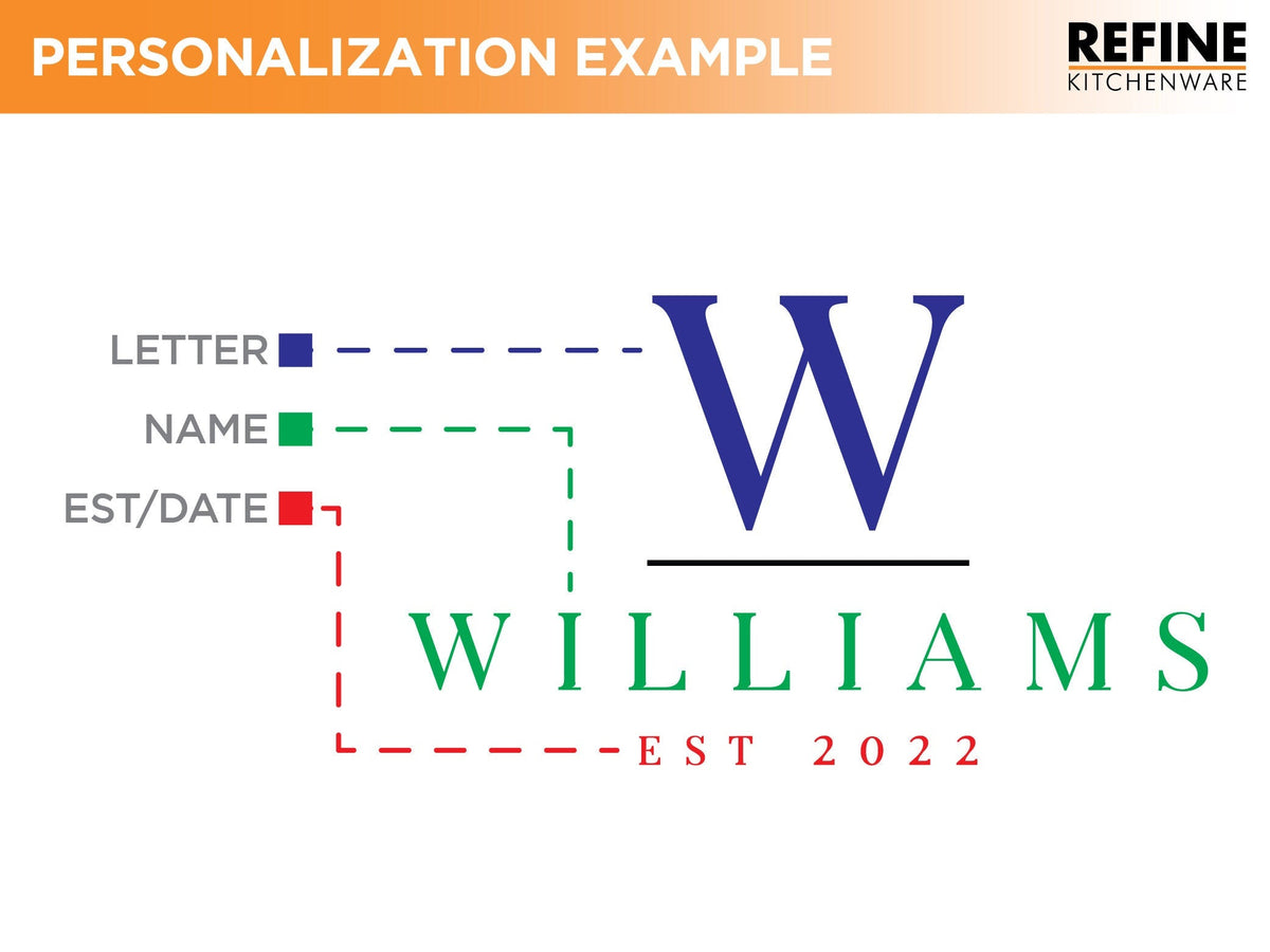 Personalization example for Refine Kitchenware cutting board with blue W and WILLIAMS on Tampa Home & Garden Store